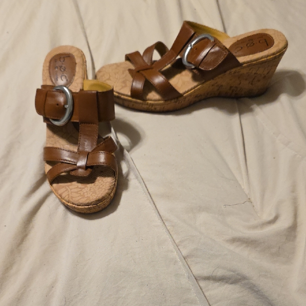 b.o.c. Tan Leather Wedge Sandals
